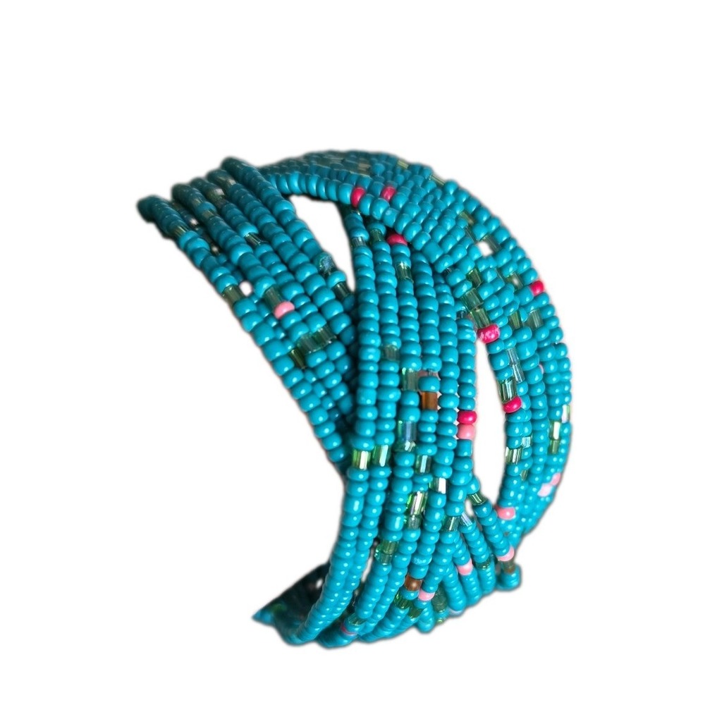 Aqua Boho Wide Cuff Statement Bracelet Seed Beads Rhinestone Center Adjustable